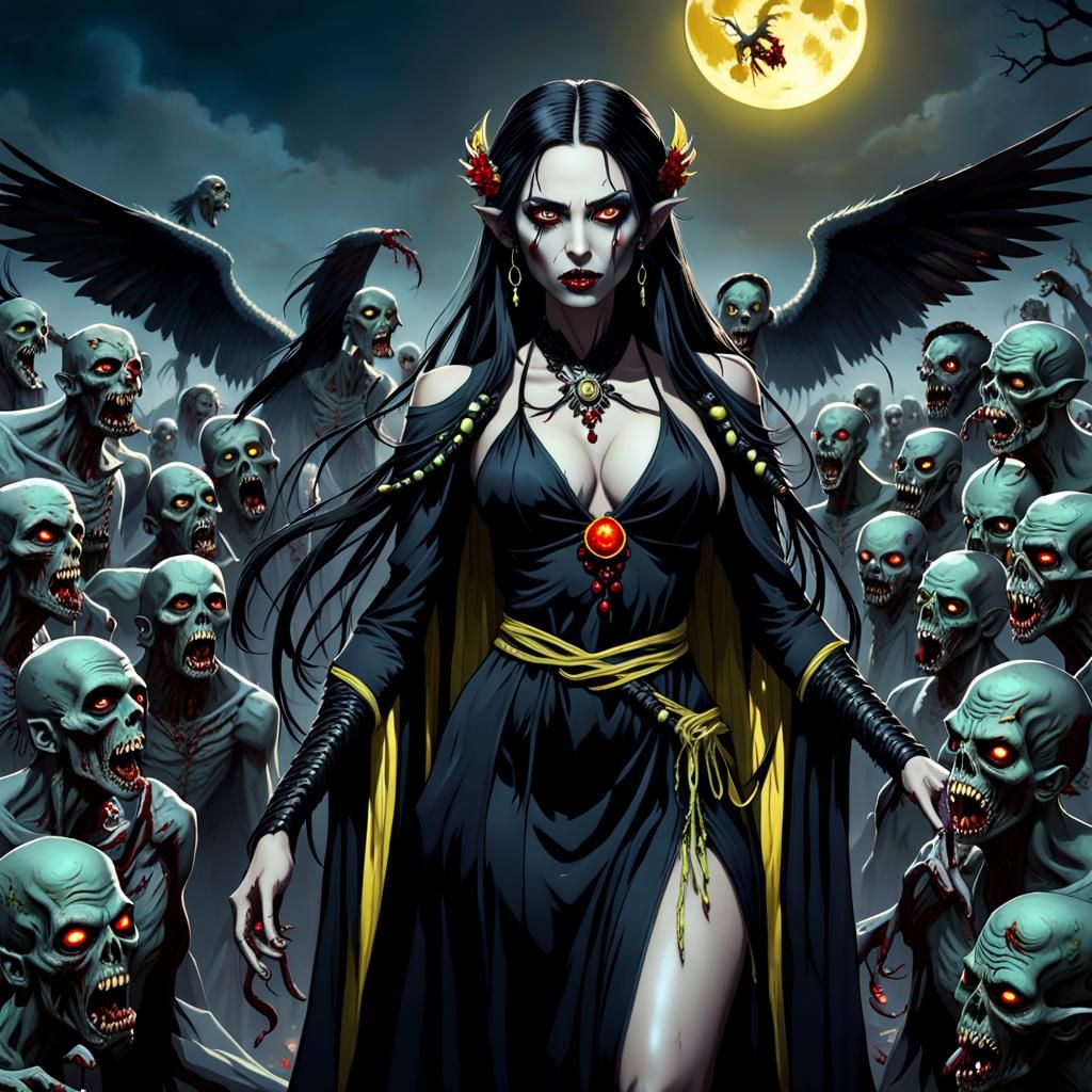 Winged Zombie Priestess in Horror Art Style