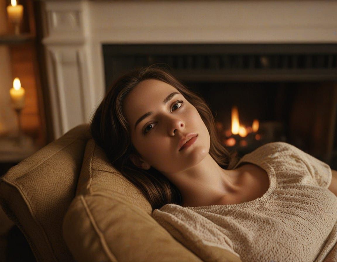 Young Woman Reclining by Fireplace: Cinematic Film Still