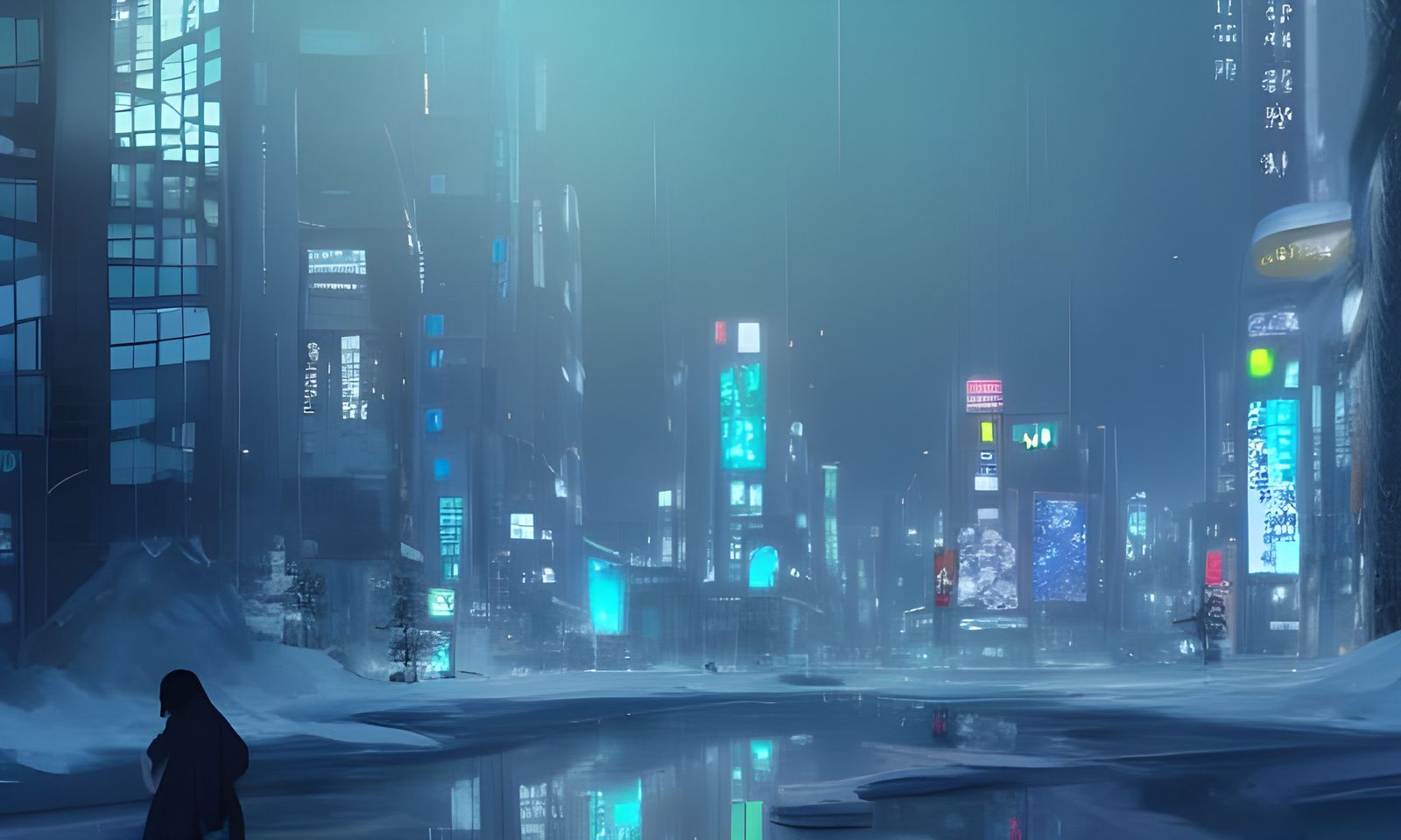 Cyberpunk Crystal City in Winter Landscape
