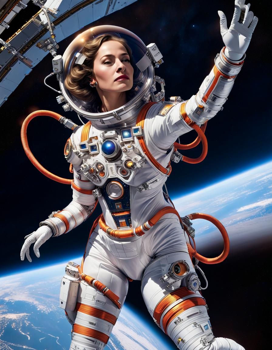 Woman in Spacesuit Performing Spacewalk Near Space Station