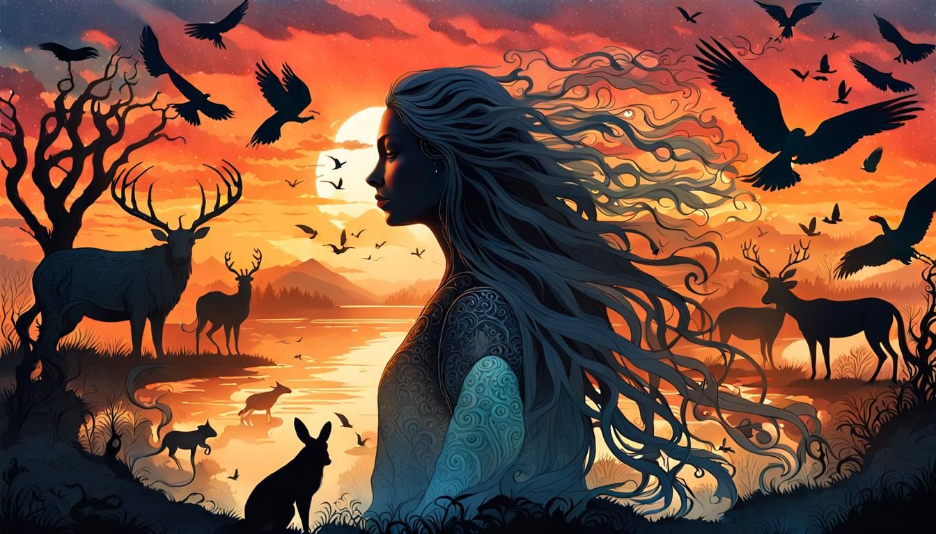 Mystical Creatures Collage at Sunset: High-Resolution Photo