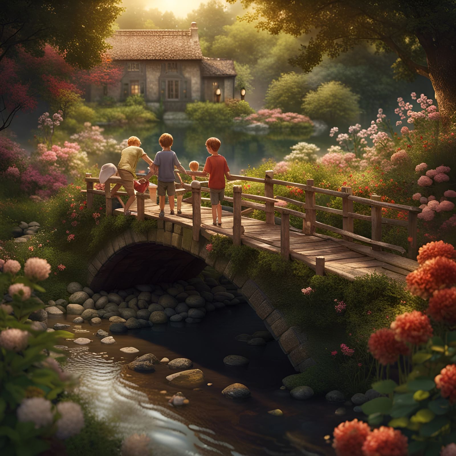 Boys on Bridge in Lush Garden, Hyperreal Detail