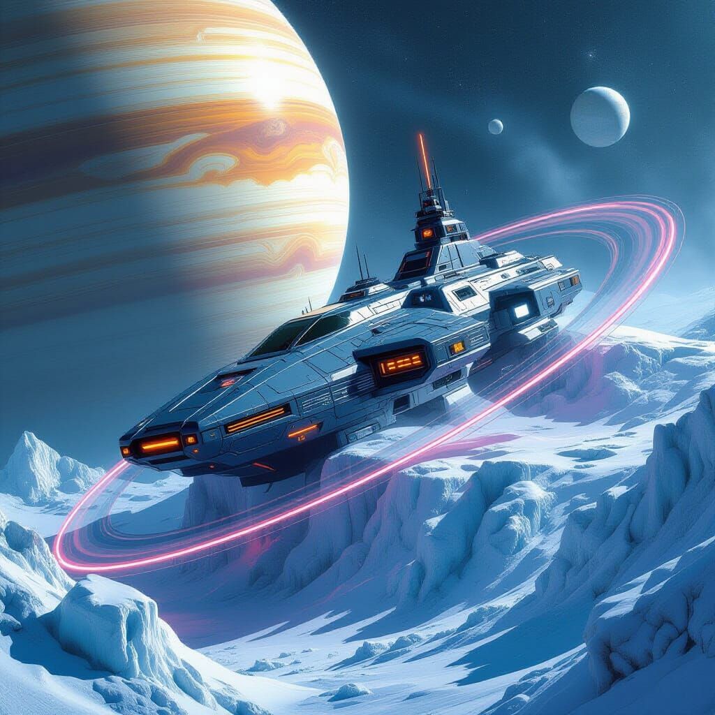 Futuristic Space Fortress Nestled in Saturn Rings