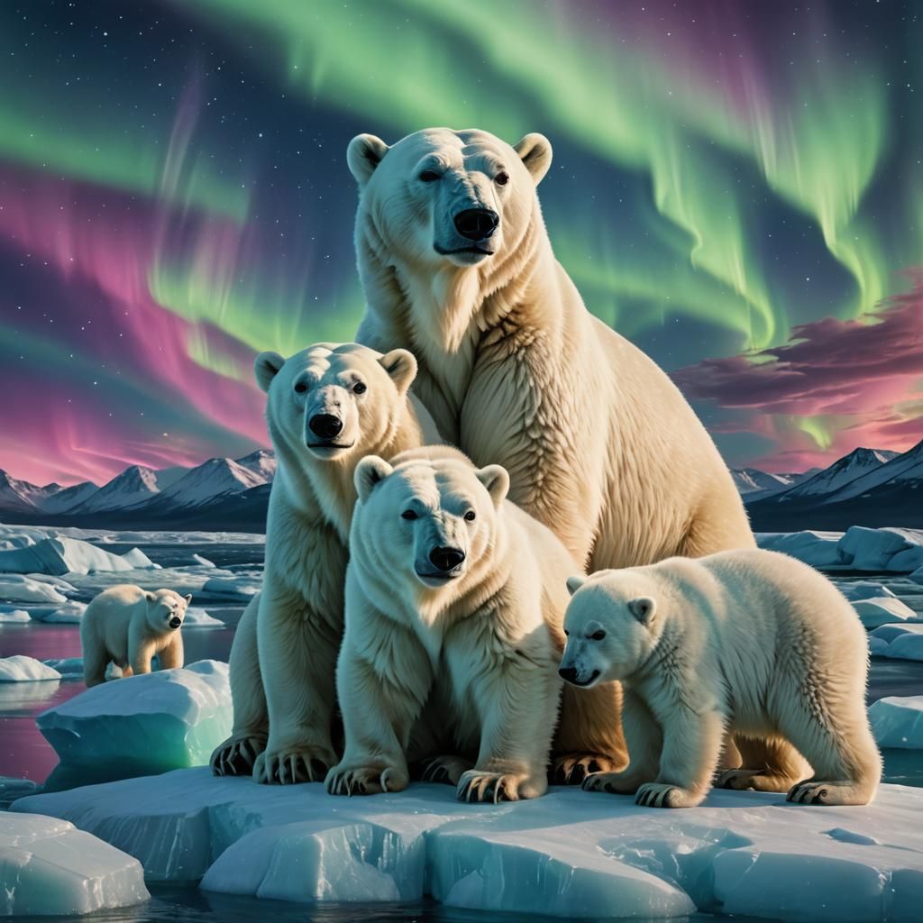 Polar Bear Family Watching Northern Lights: Photorealistic S...