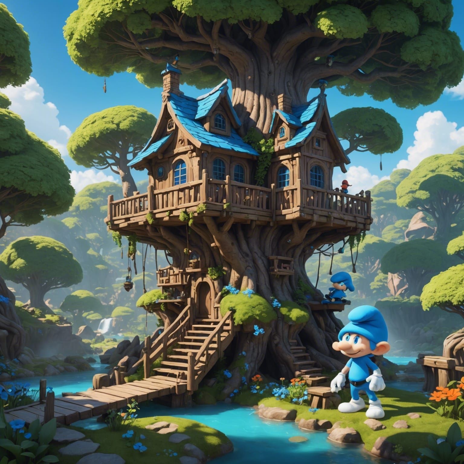 Detailed 3D Anime Smurf Treehouse Art