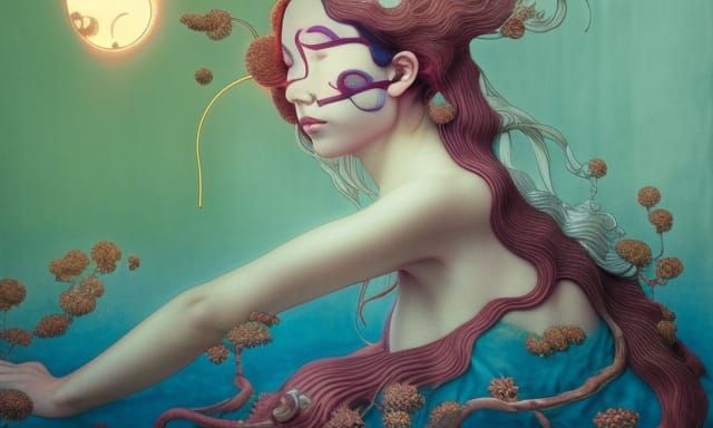 Woman in Surreal Sun and Moon Bed, Fairytale Art