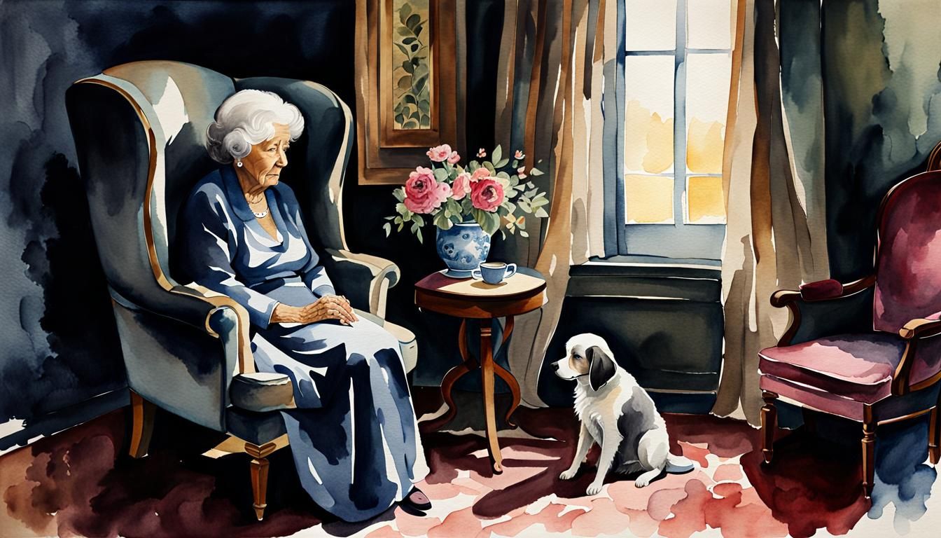 Somber Watercolor of Old Woman with Empty Chair