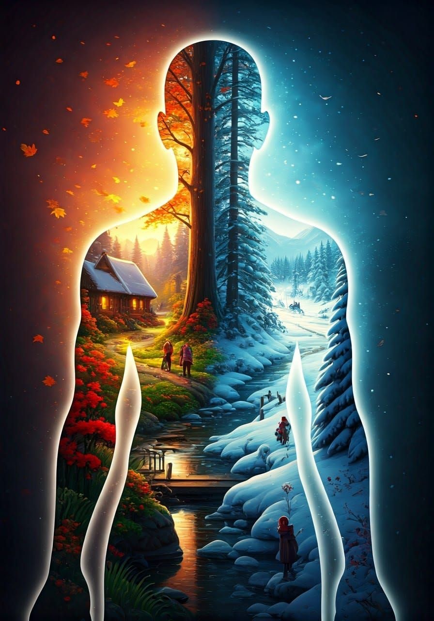 Autumn and Winter Elements on Luminous Human Shape