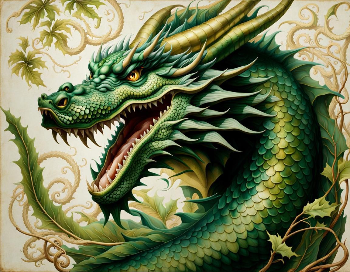 Dragon Portrait on Coffee-Stained Parchment in Watercolor St...