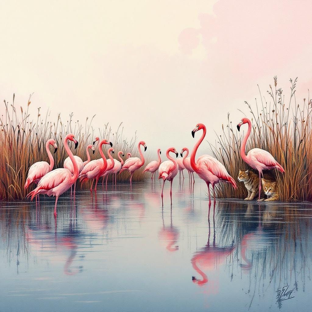 Flamingos by Lakeside with Hidden Feline, in Watercolor Styl...