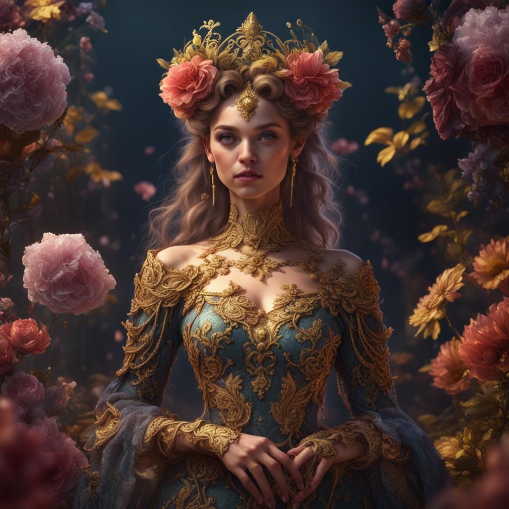 Flower Princess with Gold Lace: Fantasy Art