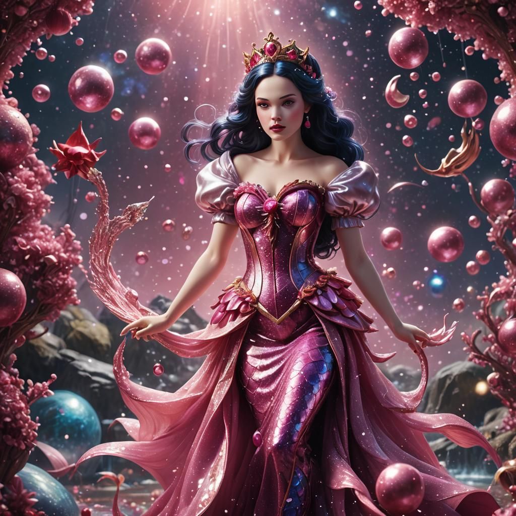 Snow White Mermaid in Space with Pink Sparkles