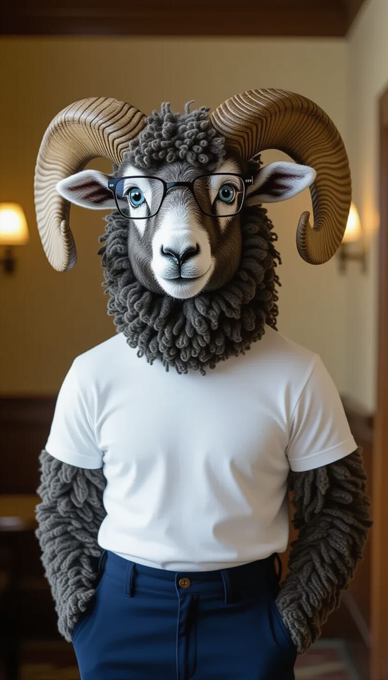 Charcoal Ram in Glasses: Cinematic Film Still