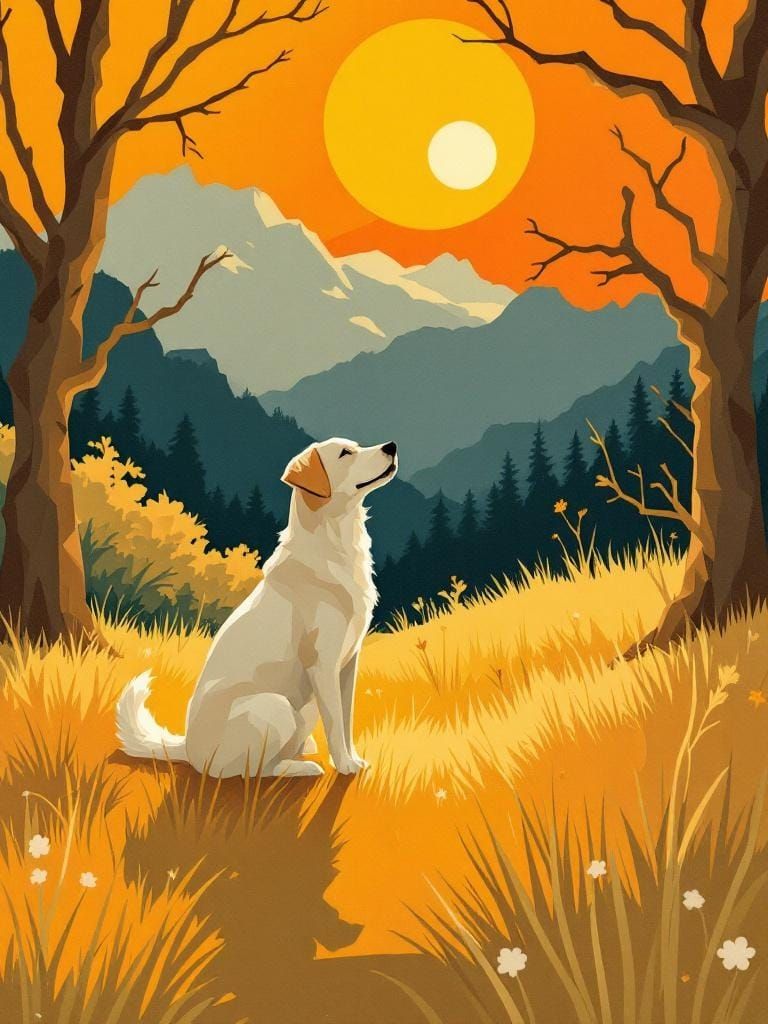 Dog in Sunlight: Vintage Poster Art Style