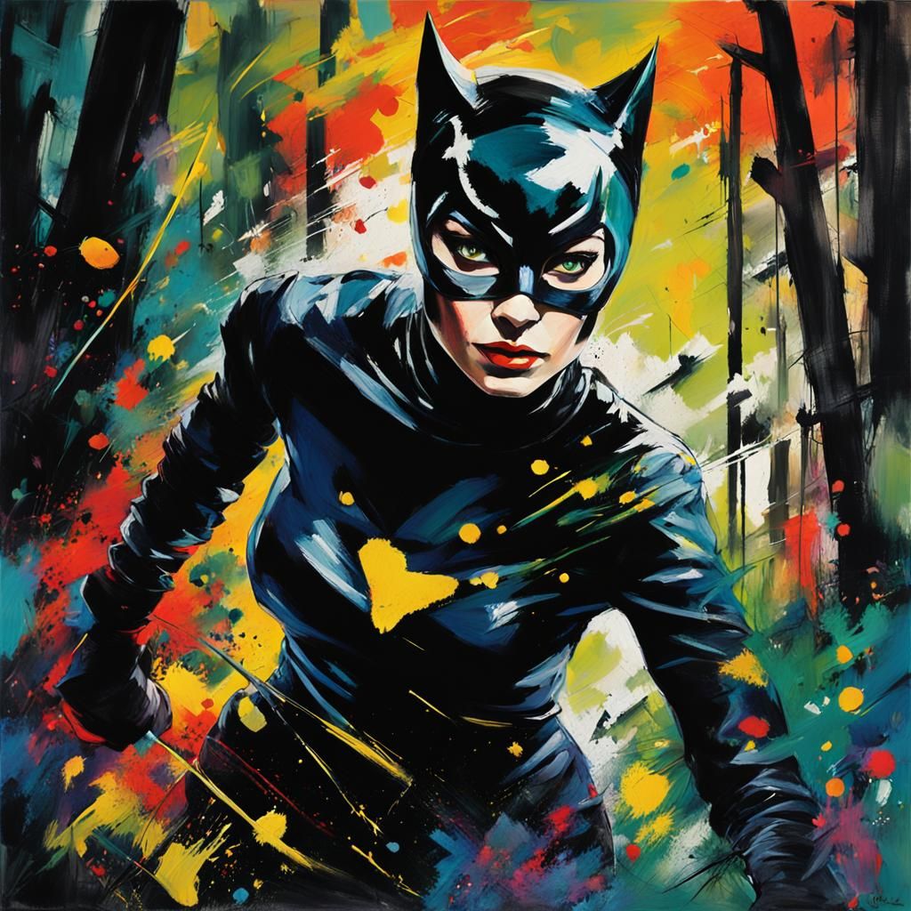 Catwoman in Forest: Abstract Expressionist Action Painting