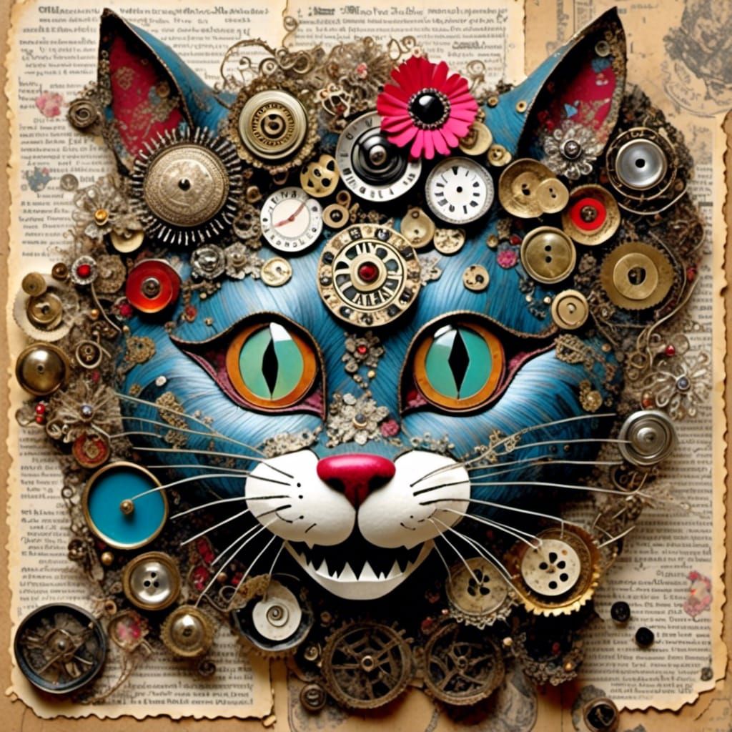 Mixed Media Collage of Cheshire Cat on Vellum