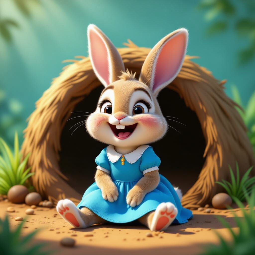 Joyful Bunny in Blue Dress: Pixar-Inspired 3D Art