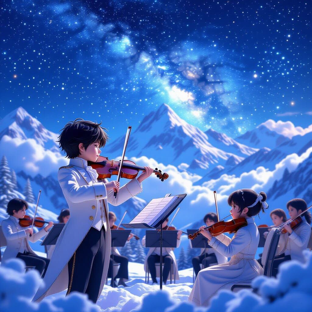 Young Mozart Conducts Orchestra in Snowy Alps, Detailed 3D A...