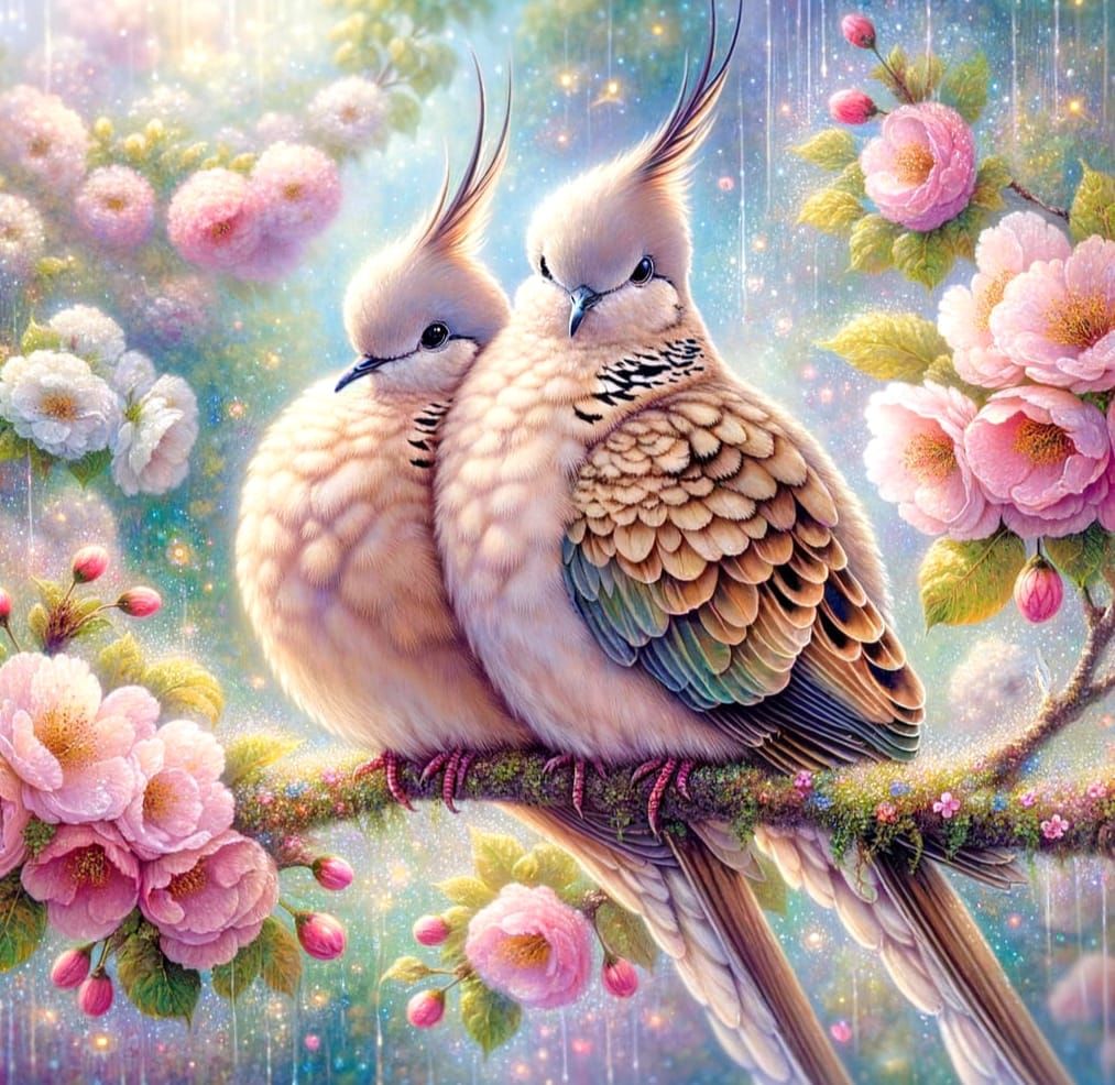 Crested Doves in a Blossoming Garden: Watercolor