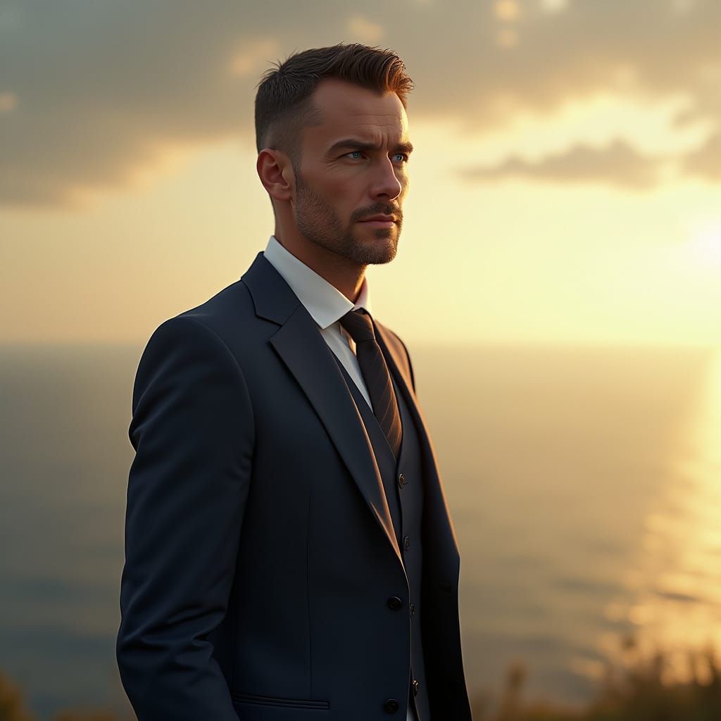 Hyperrealistic Man in Navy Suit Gazes at Horizon