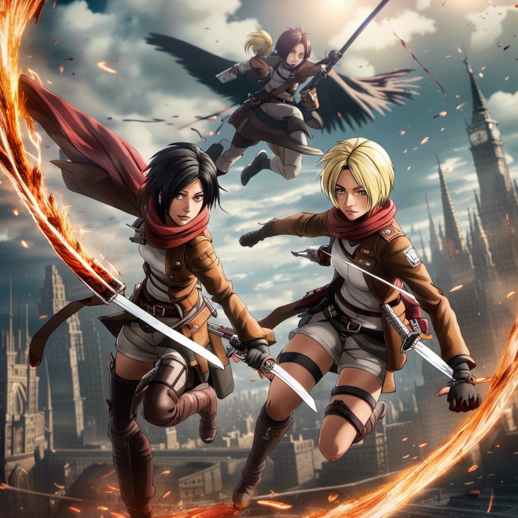 Annie and Mikasa Soar in Fantasy Art Style