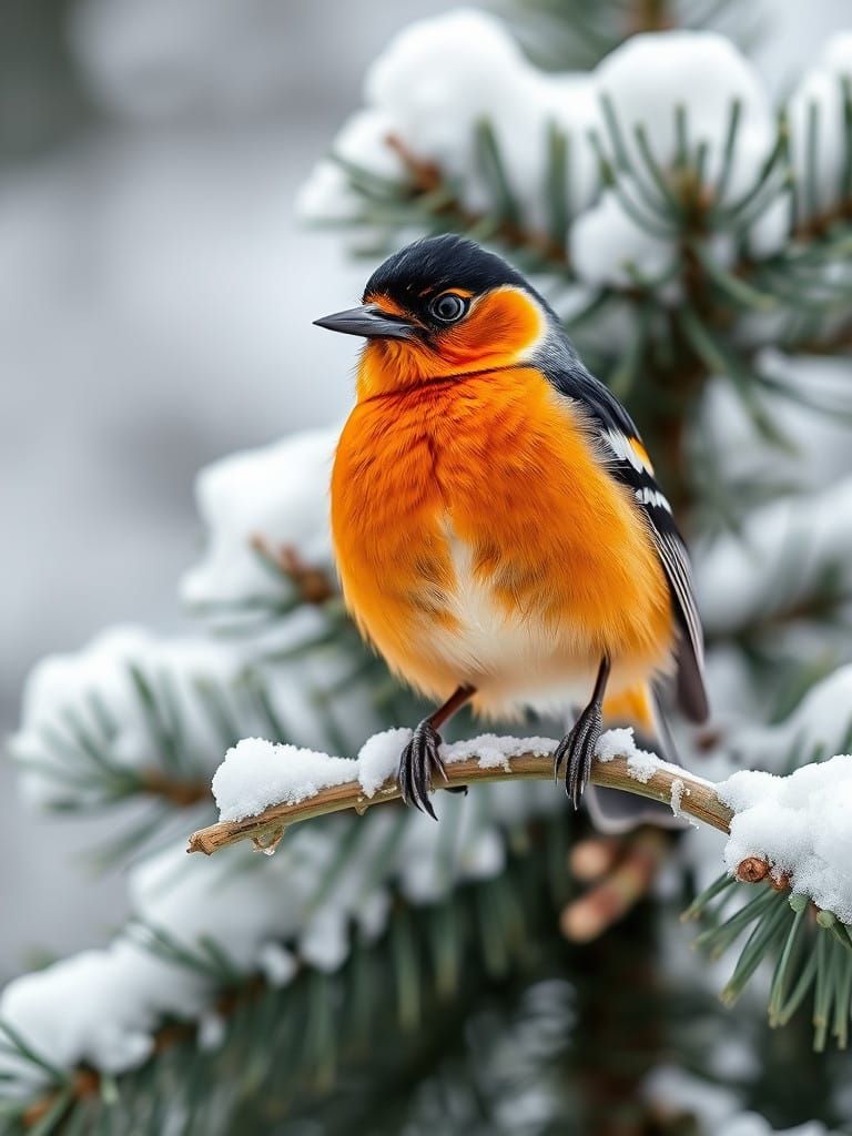 Vibrant Winter Oriole Perched on Pine Tree Branch