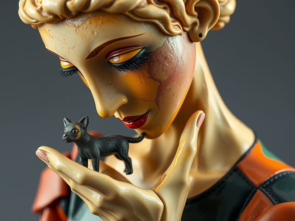 Cubist Ceramic Sculpture of Woman with Dog