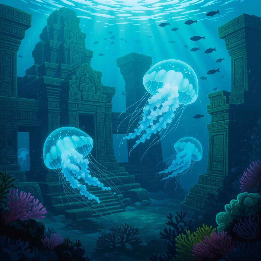 Bioluminescent Jellyfish Dance in Underwater Temple Ruins