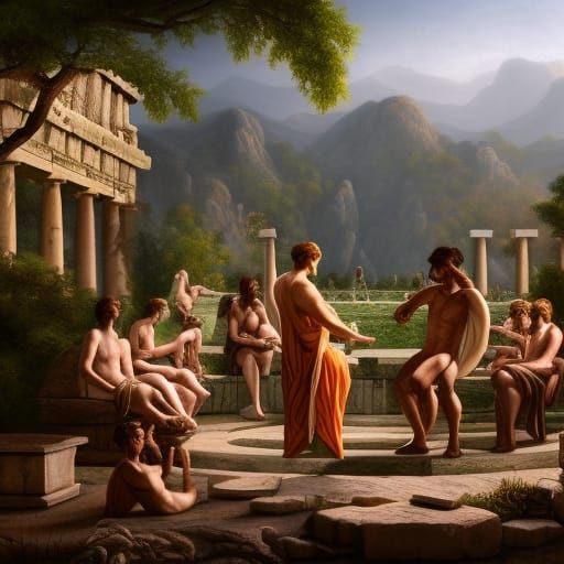 Fauns and Greeks Drinking Wine: Detailed Matte Painting