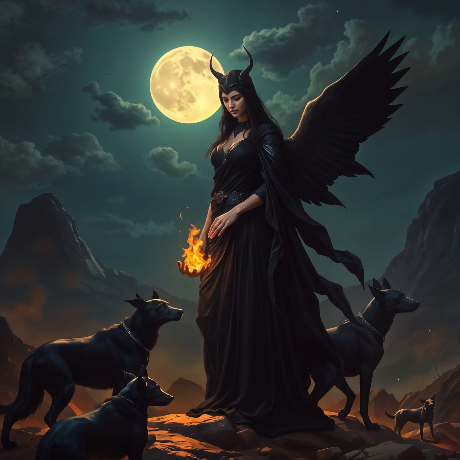 Greek Dark Goddess with Moon, Fire, and Dogs