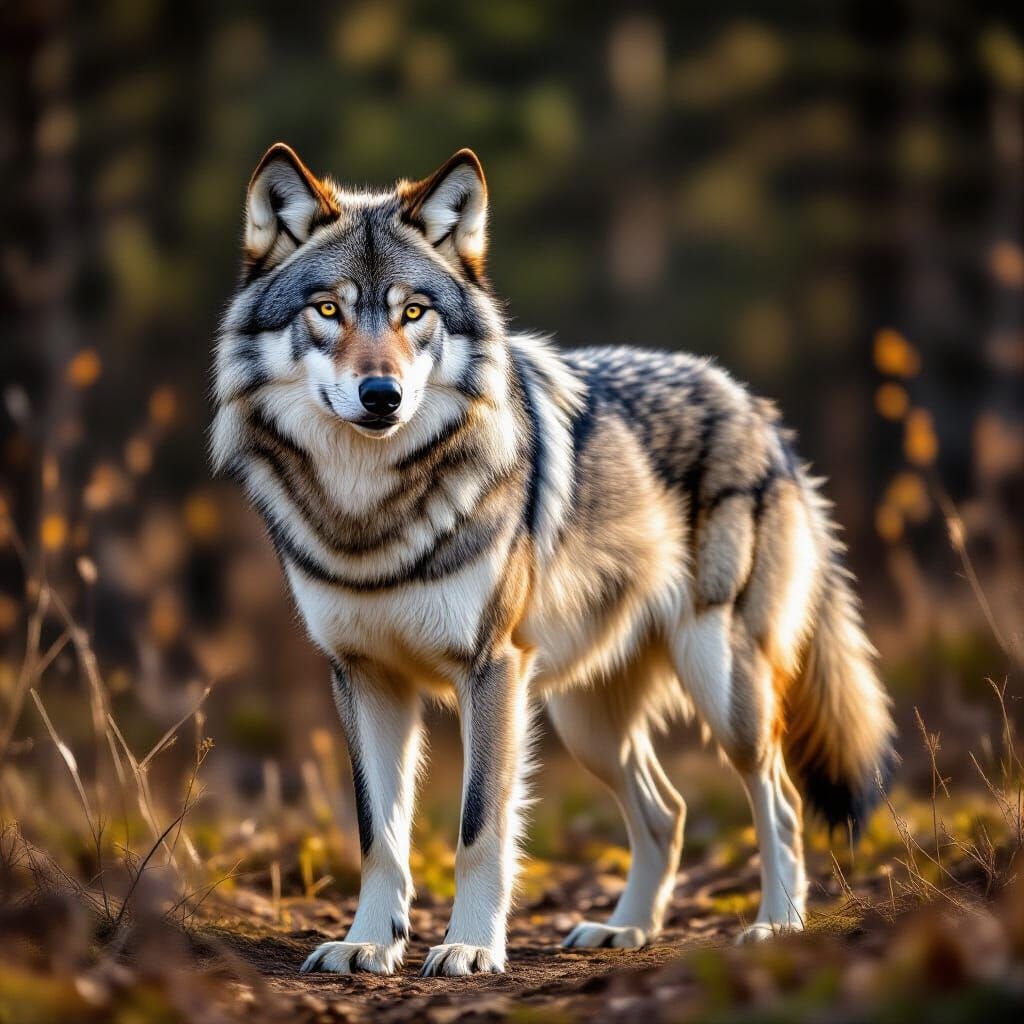 Majestic Grey Wolf in Golden Hour Forest