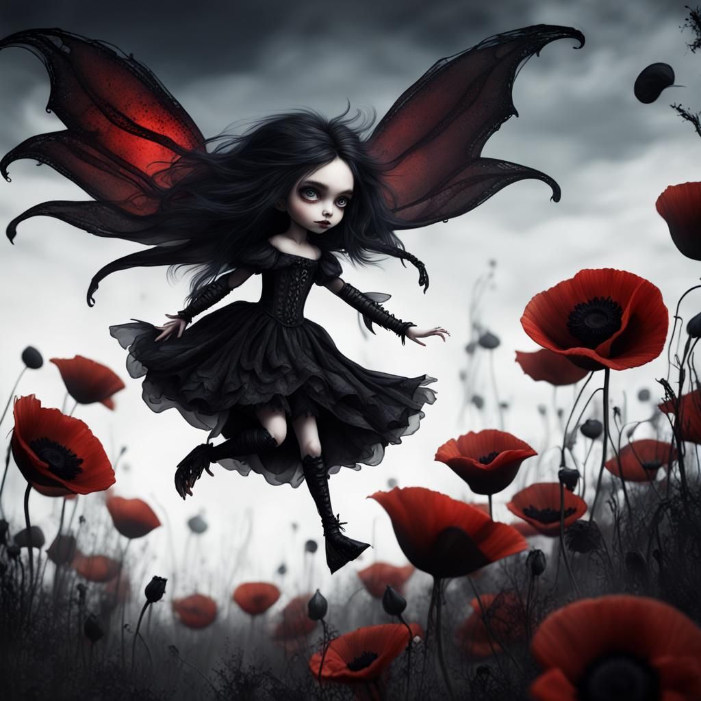 Gothic Vampire Fairy Among Black Poppies