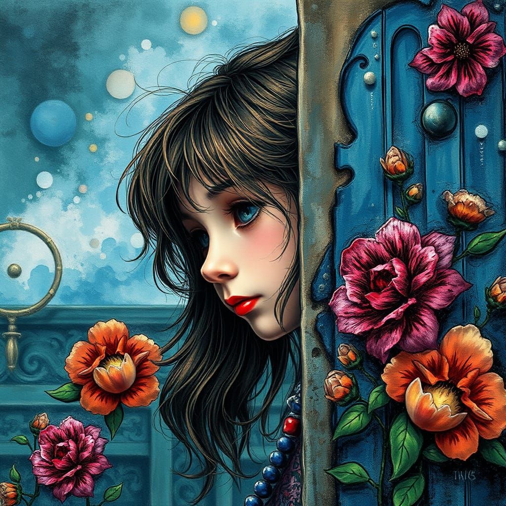 Girl Peeking: Alcohol Ink Impasto Floral Masterpiece