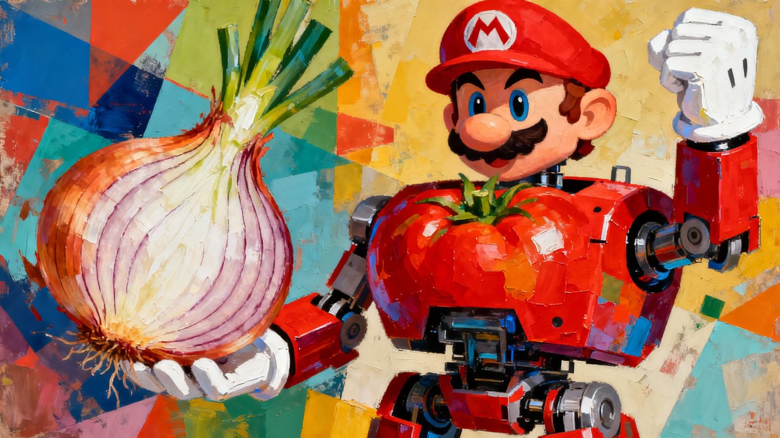 Onion Tomato Robot Hybrid in Abstract Super Mario Style