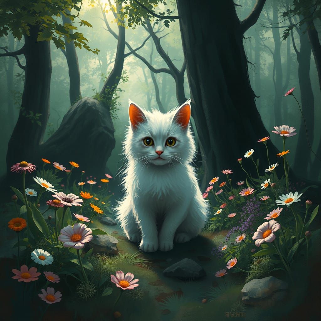 Whimsical Forest with Mysterious, Floppy-Eared Cat