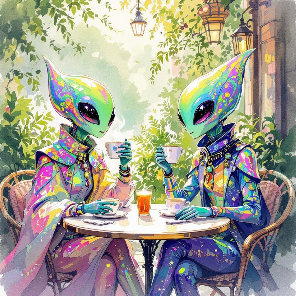 Alien Beings at Cafe: Watercolor Dreamscape