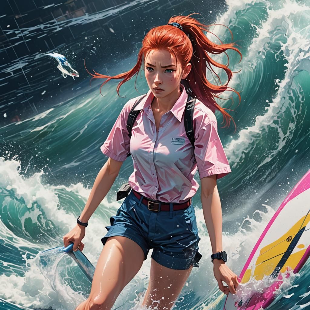 Woman Surfing Data Streams in the Matrix, Anime Style