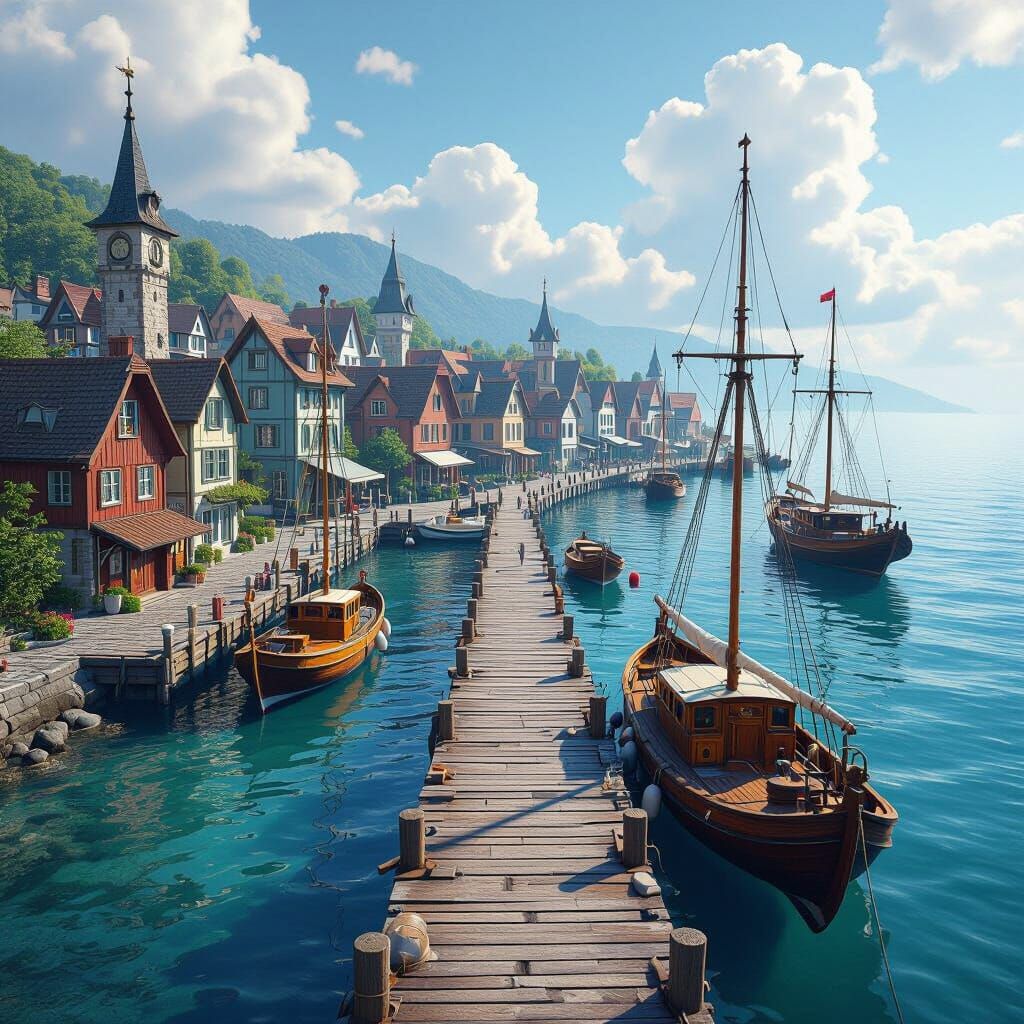 Fantastical Swiss Coastal Town with Wooden Pier and Shipyard