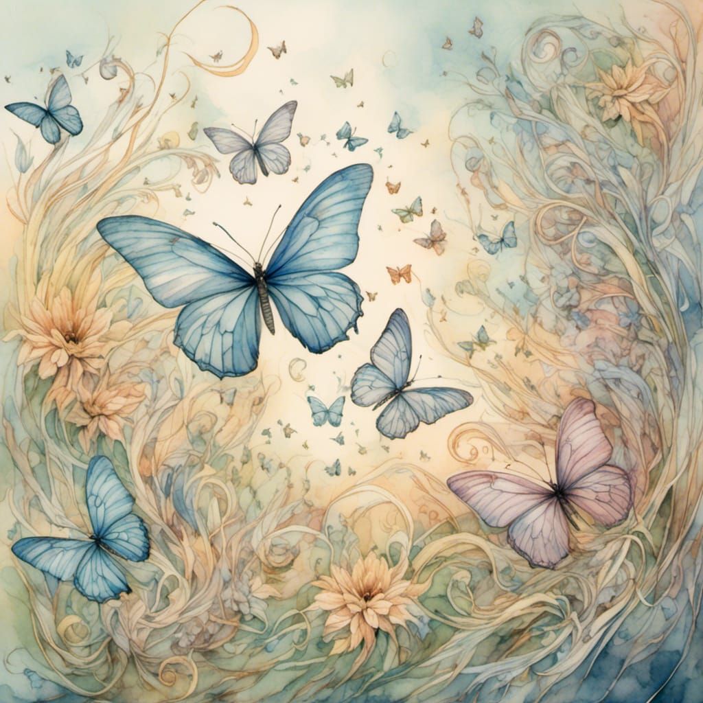 Pastel Butterflies Vortex in Impressionistic Watercolor