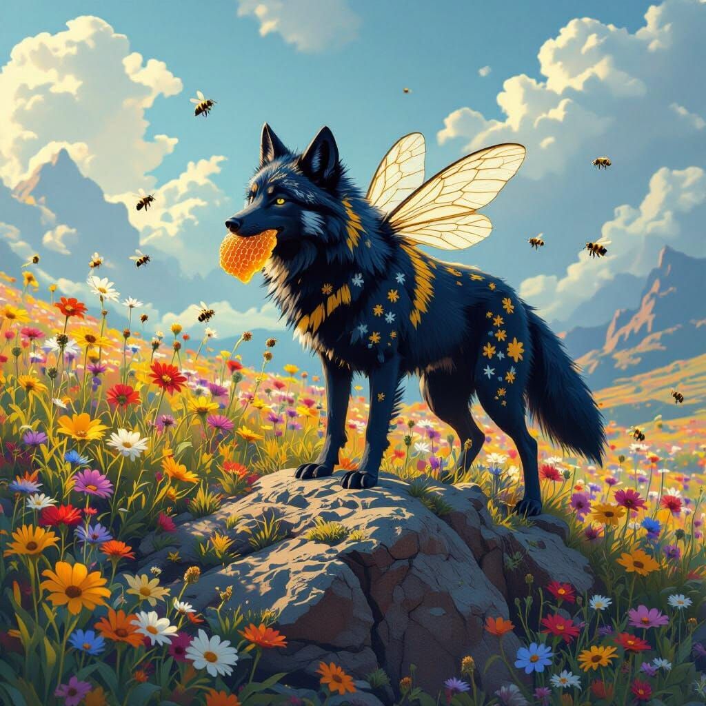 Black Wolf with Bee Wings in Detailed Matte Painting