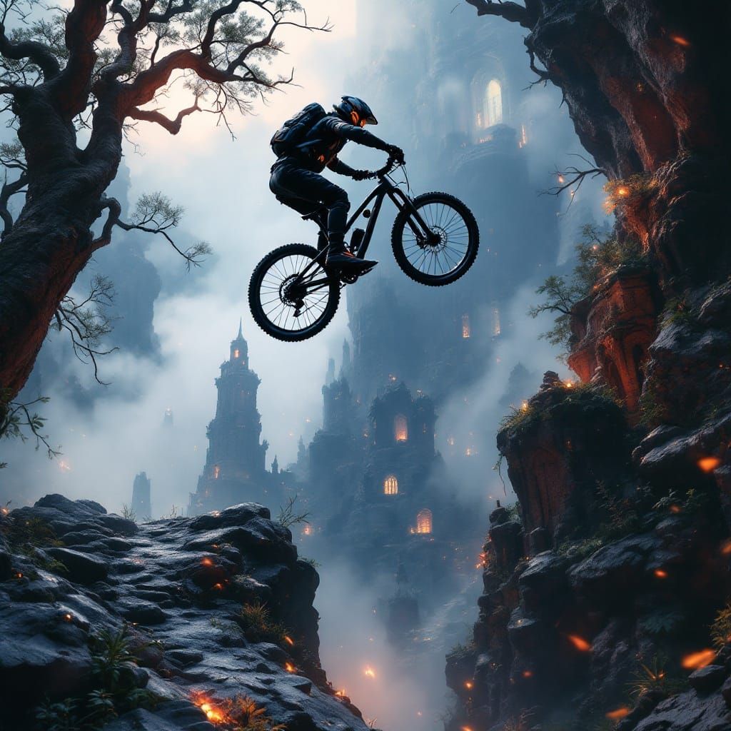 Thrilling Fantasy Biker in Mid-Air Whip