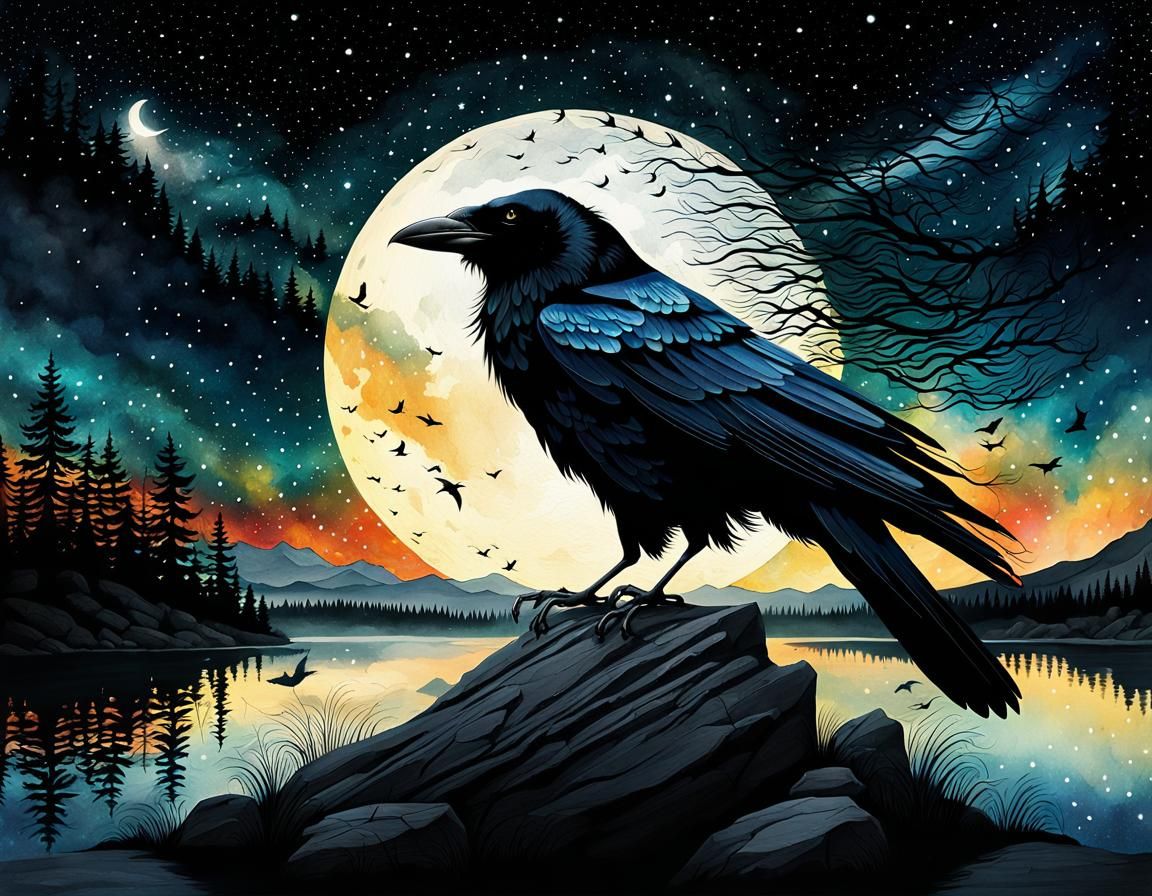Magnificent Crow in Whimsical Watercolor Style