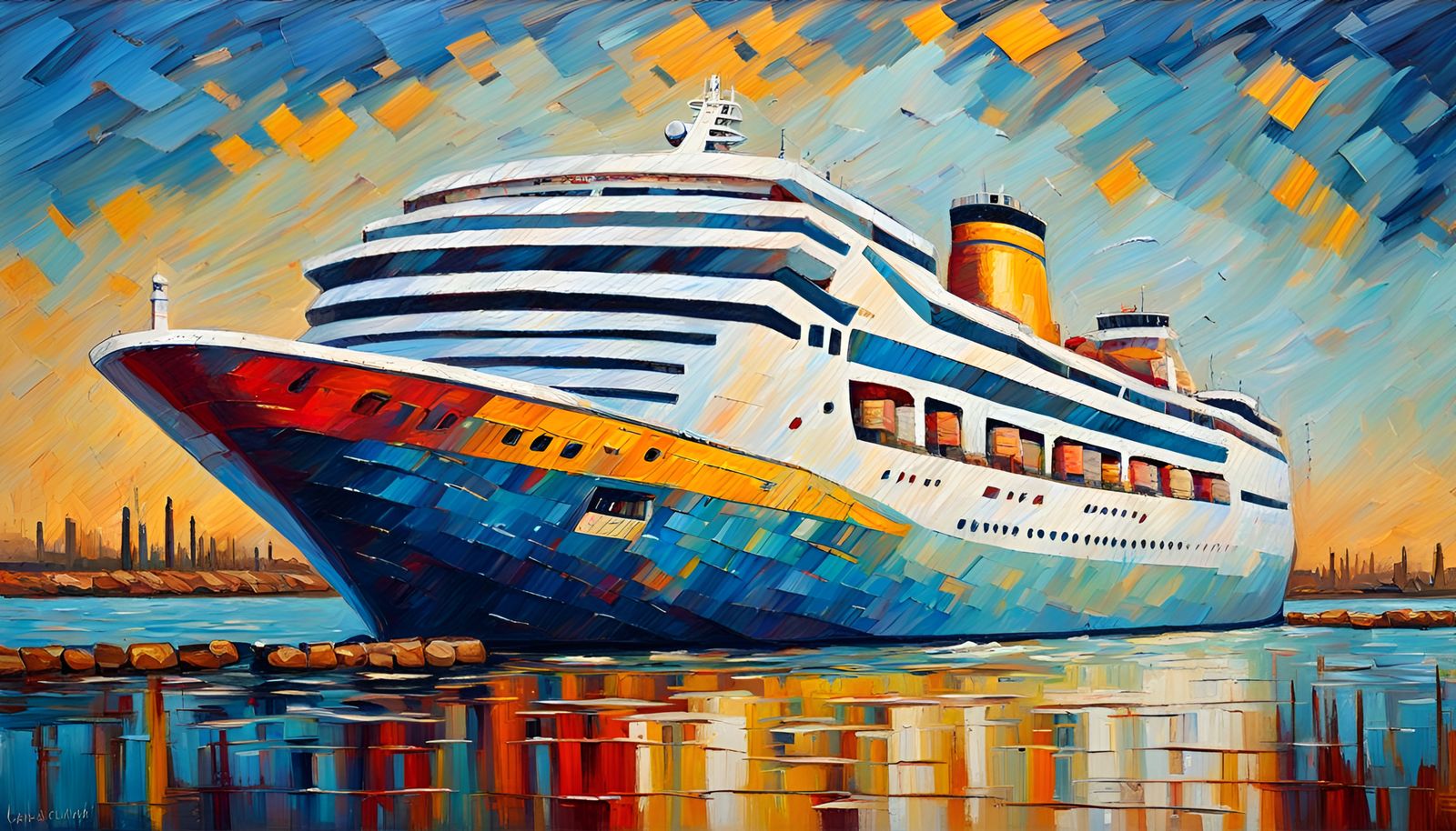 Cruise Ship in Suez Canal: Neo-Impressionist Oil Painting