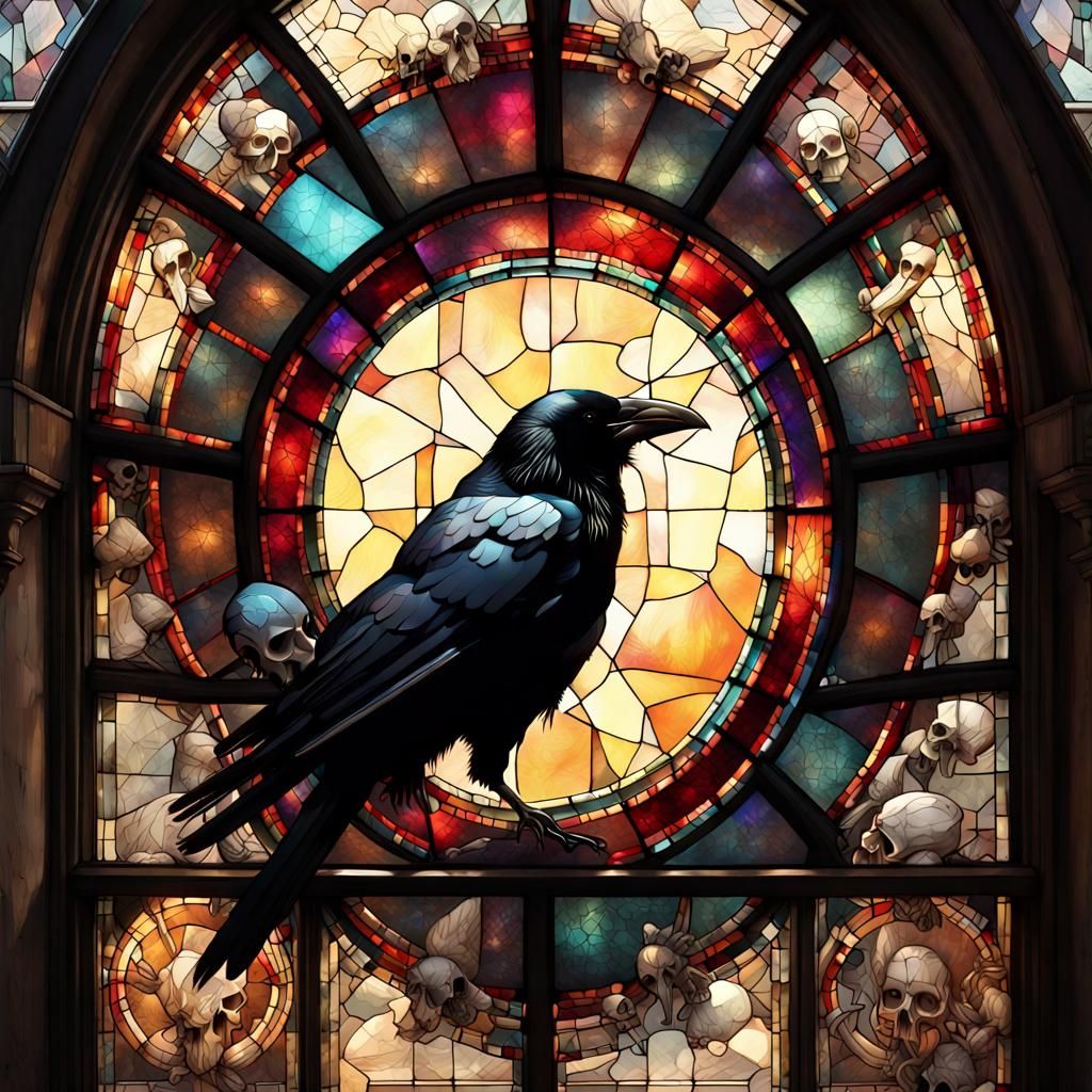 Gothic Stained Glass Crow with Skulls and Constellations