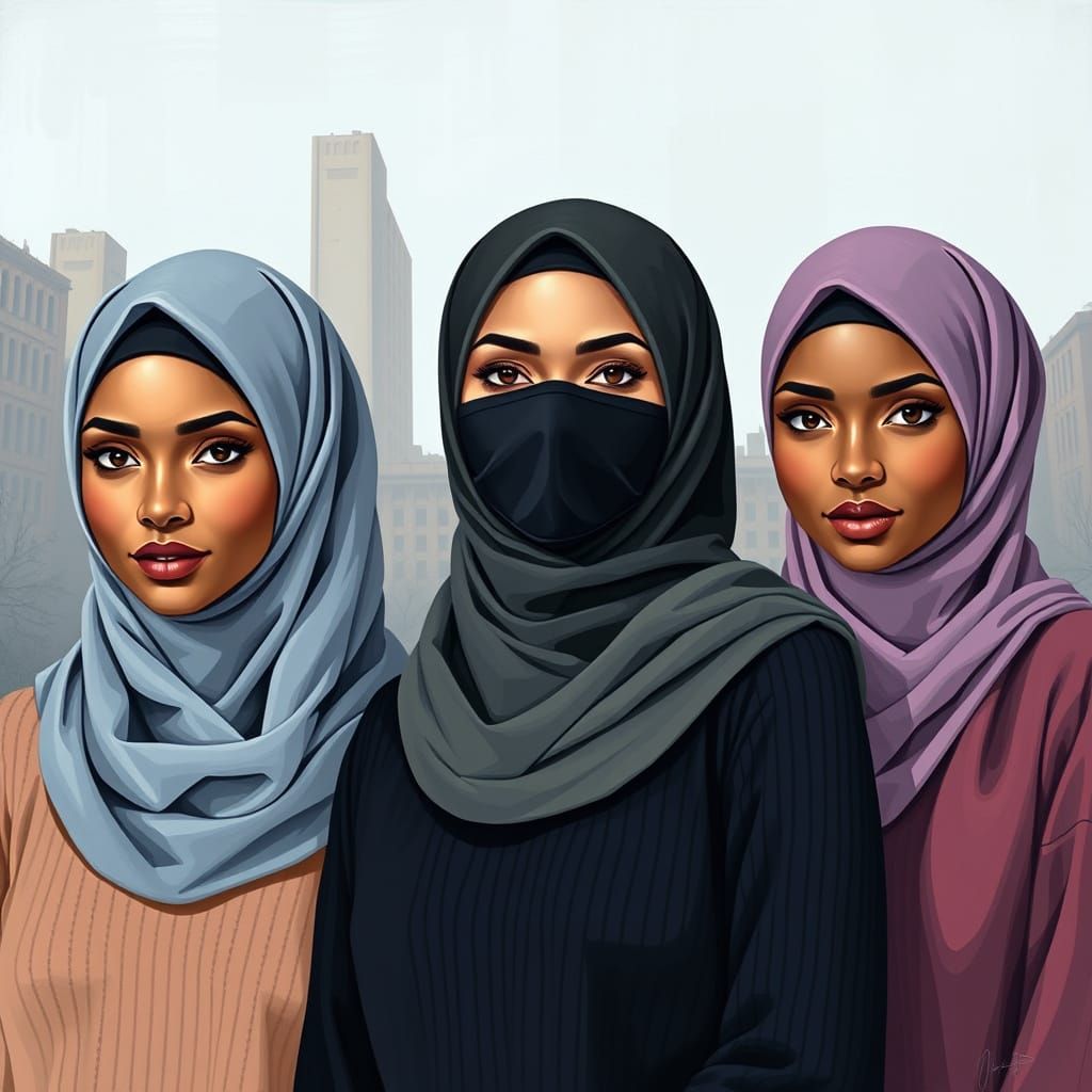 Modern Portrait of Three Hijabi Women in Cityscape