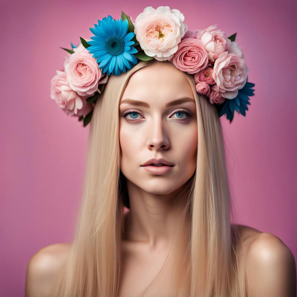 Lithuanian Woman with Flowers: Hyperrealistic Studio Portrai...