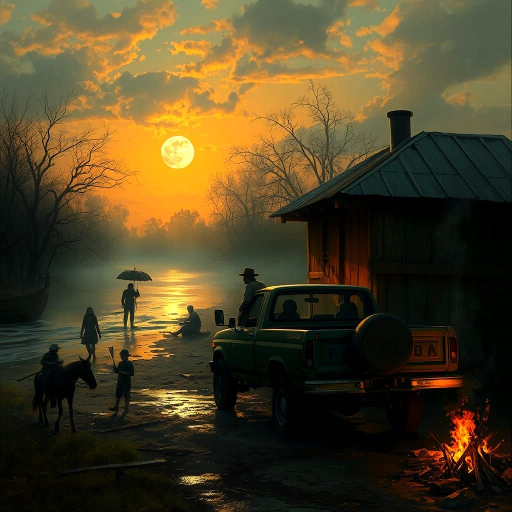 Surreal Cajun Roadside Gathering in a Sinister Bayou Setting