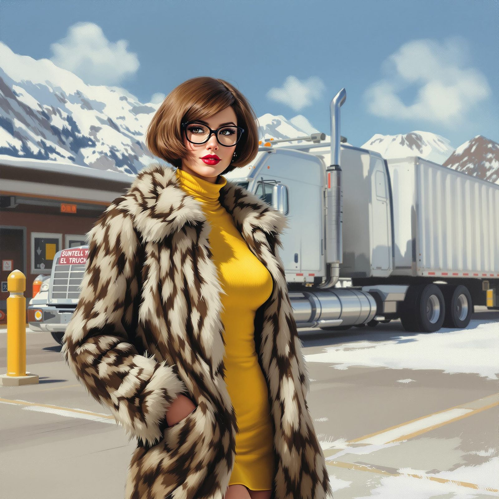 Woman in Fur Coat and Yellow Dress at Truck Stop