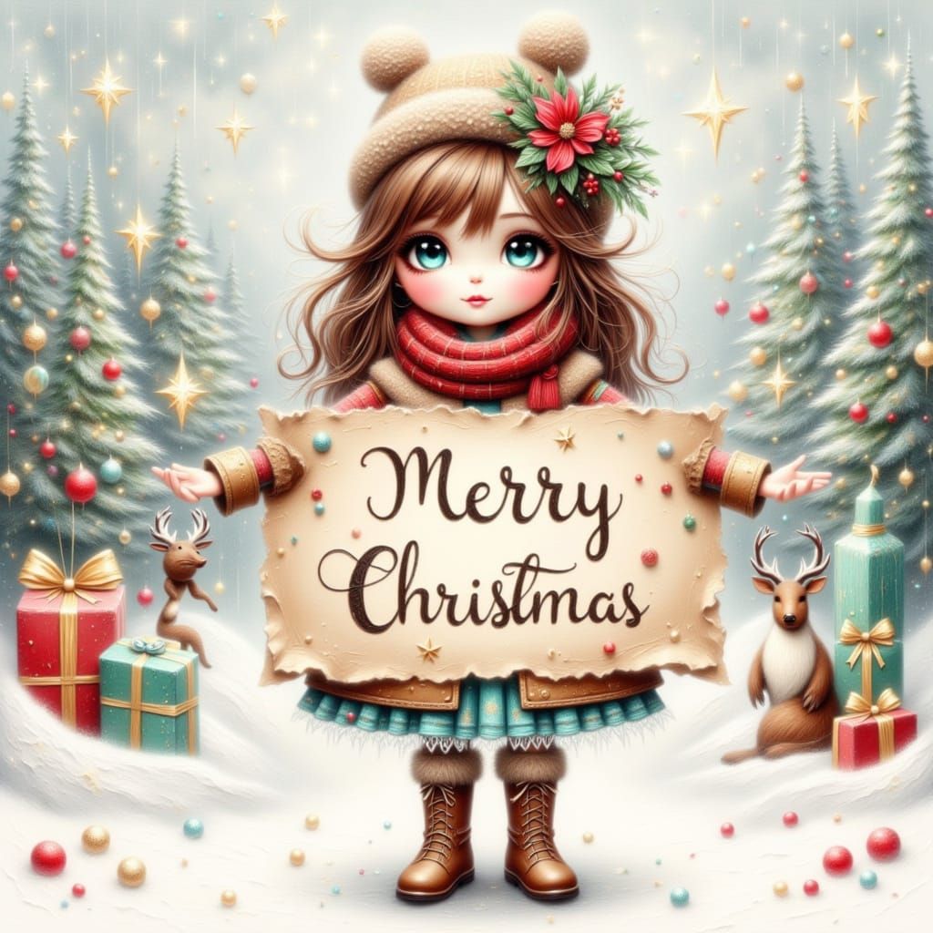 Sweet Watercolor of Girl Holding Merry Christmas Sign