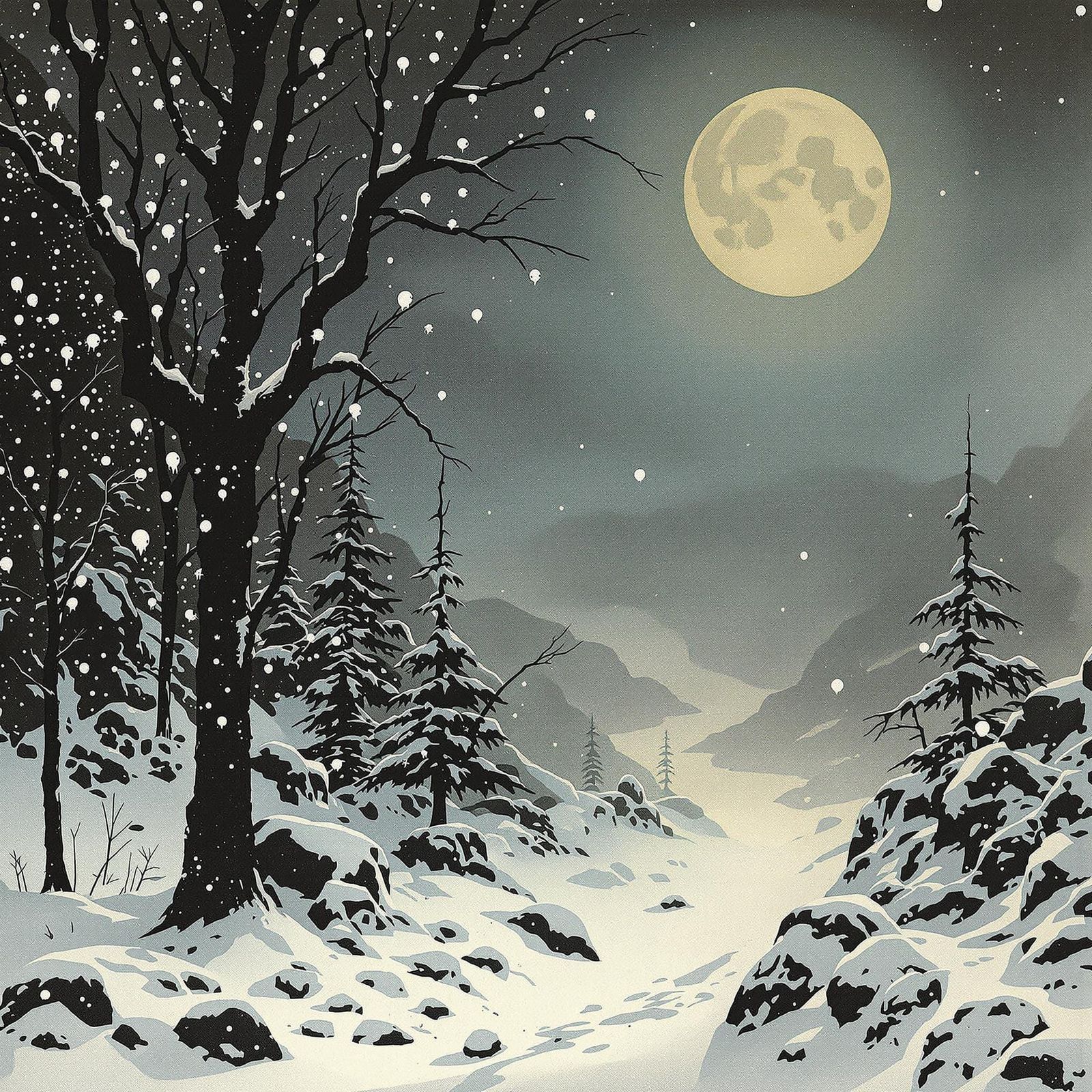 Ethereal Snow Scene in a Whimsical Style